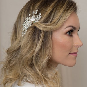 Small Pearl Rhinestone Pink Iridescent Bridal Hair Comb Floral Headpiece Petite Comb Vintage Bridal White Floral Comb Jeweled Comb Pink Comb