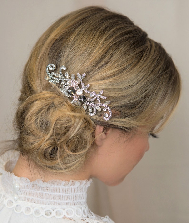 Gray Silver Crystal Bridal Hair Piece Prom Hair Comb Bride Etsy