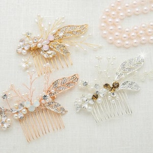 Blush Gold Wedding Hair Comb Opal Hairpiece Pink Rhinestone Hair Clip Bridal Barrette Bride Hair Accessories Back Hair Piece Side comb