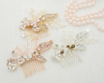 Blush Gold Wedding Hair Comb Opal Hairpiece Pink Rhinestone Hair Clip Bridal Barrette Bride Hair Accessories Back Hair Piece Side comb