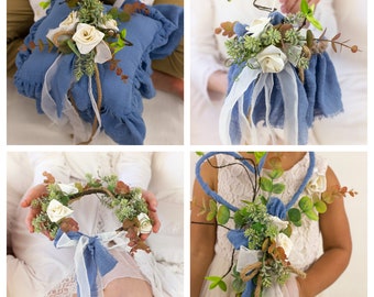 BlumenMädchen Geschenkset, Brautjungfer Geschenk, Wildblume Heiligenschein, Ringträger Kissen etwas Blaue Wildblume Hochzeit Geschenk Set Hochzeit Gastgeschenke Krone