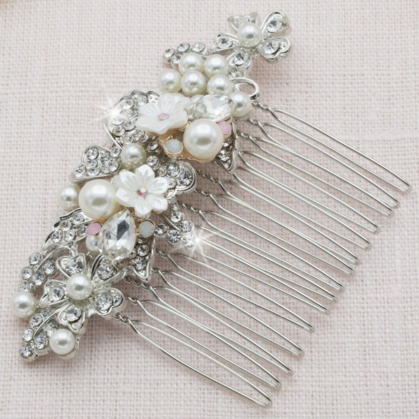 Bridal Hair Comb Silver Hair Comb Wedding Headpiece Prom Hair Accessory White Flower Comb Diamond Hair Clip Medium Hair Comb Silver Diadem