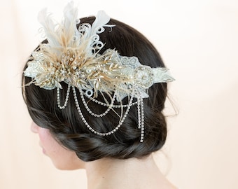 Silver Gatsby Headpiece 1920s Bridal Hairpiece Feather Gold Crystal Flapper Headband Boho Headband Vintage Bridal Great Gatsby Theme Wedding