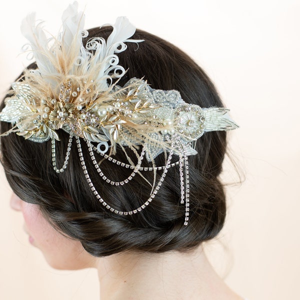 Silver Gatsby Headpiece 1920s Bridal Hairpiece Feather Gold Crystal Flapper Headband Boho Headband Vintage Bridal Great Gatsby Theme Wedding