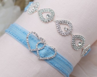 Bride Gift Something Blue Garter Set Crystal Garter Heart Rhinestone Garter Set Gift from Bridesmaid to the Bride Blue Wedding Accessories