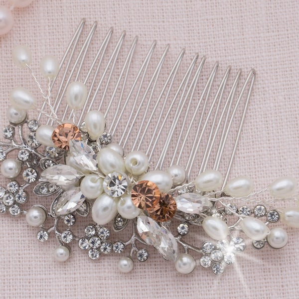 Pearl Wedding Hair Comb Rose Gold Crystal Headpiece Bridal Hair Piece Small Side Comb Fancy Hair Accessory Rhinestone Comb Jeweled Comb