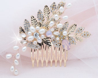 pink opal blush hair comb gold leaf hair piece for wedding metallic gold bridal hair accessory pearl hairpiece graduation gift bride gifts