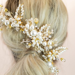 Large Art Deco Inspired Gold and Pearl Hairpiece Wedding Gold Leaves Hair Vine Handmade Vintage Wedding Hair Comb Large Leaf Gold Metallic