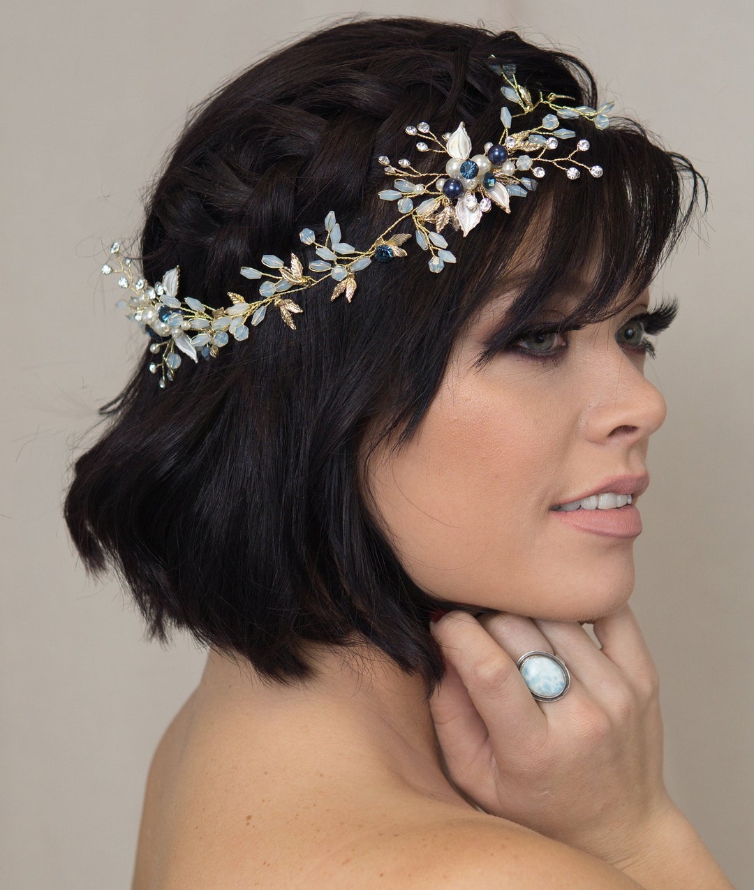 Navy Blue Hair Pieces and Pins Dark Blue Hair Comb Gold Leaf Opal