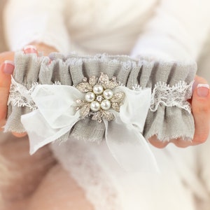 Gray Linen Wedding Garter Bridal Garter Set Grey Leg Garter 16 Custom Colors Personalized Wedding and Bridal Shower Gift Non Slip Garters