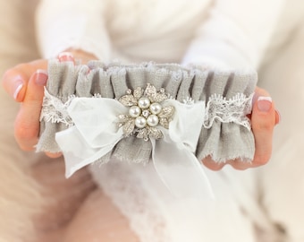 Gray Linen Wedding Garter Bridal Garter Set Grey Leg Garter 16 Custom Colors Personalized Wedding and Bridal Shower Gift Non Slip Garters