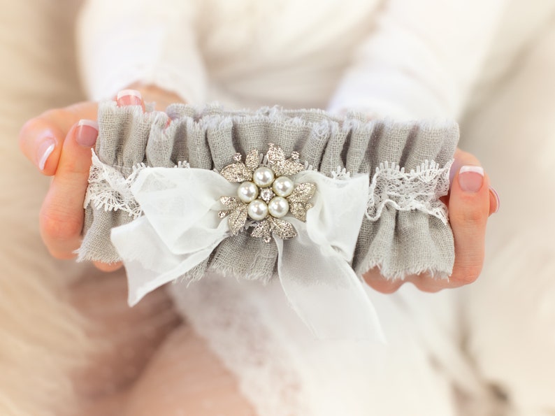 Gray Linen Wedding Garter Bridal Garter Set Grey Leg Garter 16 Custom Colors Personalized Wedding and Bridal Shower Gift Non Slip Garters image 1