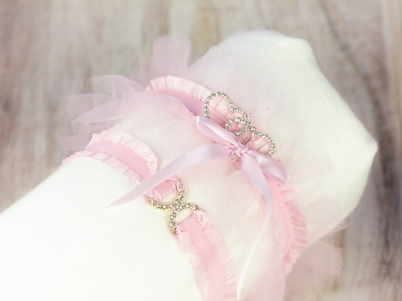 Pink Heart Wedding Garter Set Non Slip Bridal Shower Gift and Lingerie Crystal Ruffled Lace Bride Garters Keepsake & Toss image 9