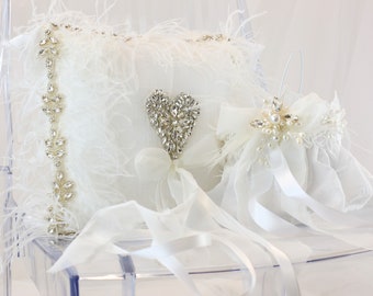 White Wedding Flower Girl Basket and Ring Bearer Pillow Flower Girl Accessories Beautiful Rhinestone Heart & Feather Wedding Pillow Set