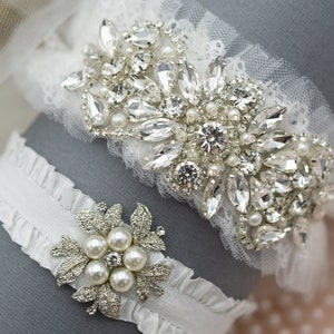 Lace Wedding Garter Set: Rhinestone Bridal Garter, Something Blue