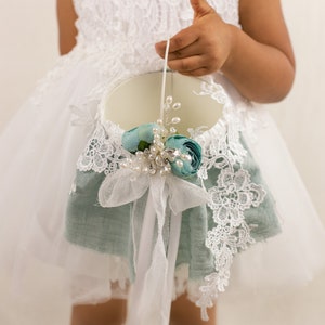 Flower Girl Basket Set of 2, 3, 4 Lace Flower Girl Basket and Ring Bearer Pillow Rustic Wedding Décor Bridal  Teal and White Lace Basket