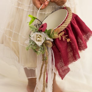 Burgundy Flower Girl Basket and Wedding Ring Pillow - Natural Burlap and Flower Ring Bearer Wedding Basket Set Rustic Wedding Accessories