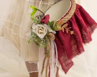 Burgundy Flower Girl Basket and Wedding Ring Pillow - Natural Burlap and Flower Ring Bearer Wedding Basket Set Rustic Wedding Accessories