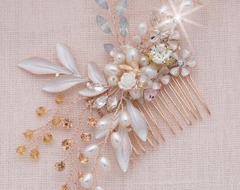 Rose Gold Blush Opal Crystal Pearl Pink Metallic Hair Comb Boho Headpiece Floral Hair Piece Silver Gold Hairpiece Bridal Comb Wedding Comb