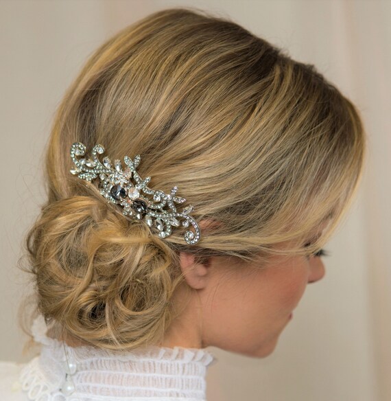 Gray Silver Crystal Bridal Hair Piece Prom Hair Comb Bride Etsy