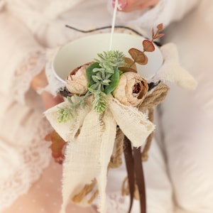 Rustic Flower Girl Basket and Ring Bearer Pillow Woodland Flower Set Linen Ring Pillow Ivory and Brown Set Natural Wedding Accessories