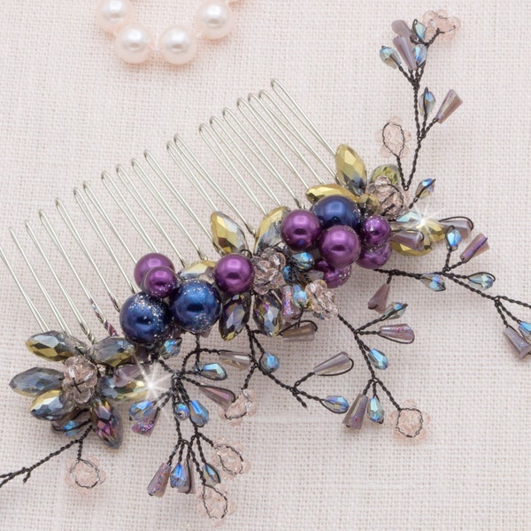 Purple Violet Pearl Beaded Hair Comb Rhinestone Purple Hair Comb Violet Hair Comb Hairpiece Purple Hair Vine Prom Bridal Sweet 16 Hairpiece