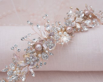 Rose Gold Floral Hair Vine Metallic Rose Gold Bridal Hairpiece Wedding Halo Blush Pink Leaf Floral Hair Comb Rhinestone Jewelry