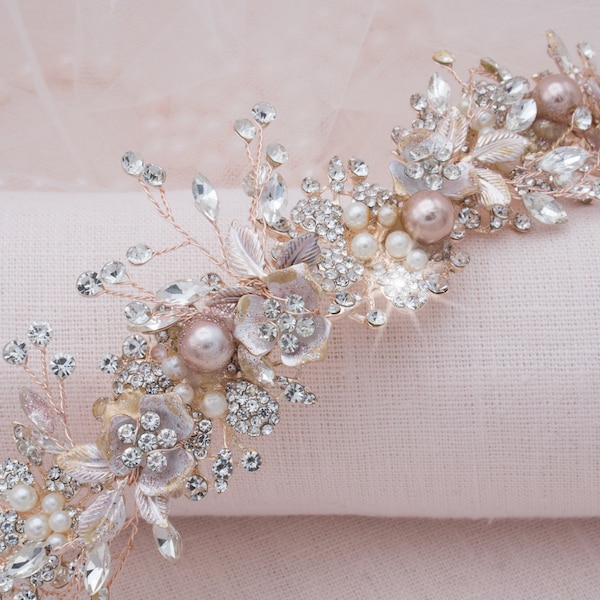 Rose Gold Floral Hair Vine Metallic Rose Gold Bridal Hairpiece Wedding Halo Blush Pink Leaf Floral Hair Comb Rhinestone Jewelry