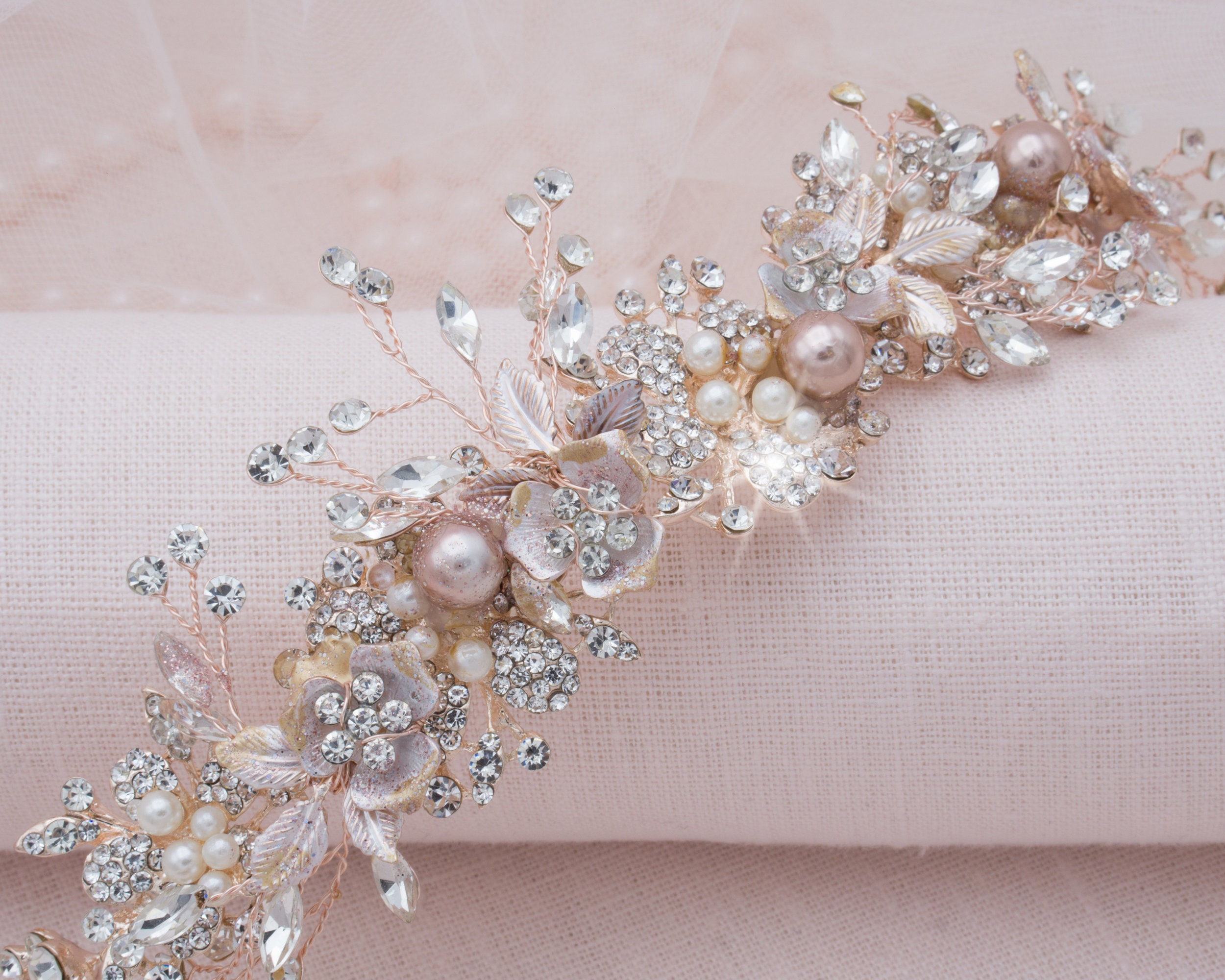 David’s Bridal Rose Gold flower head band piece with rhinestones lauren_elaine_bridal_accessori  main image 3