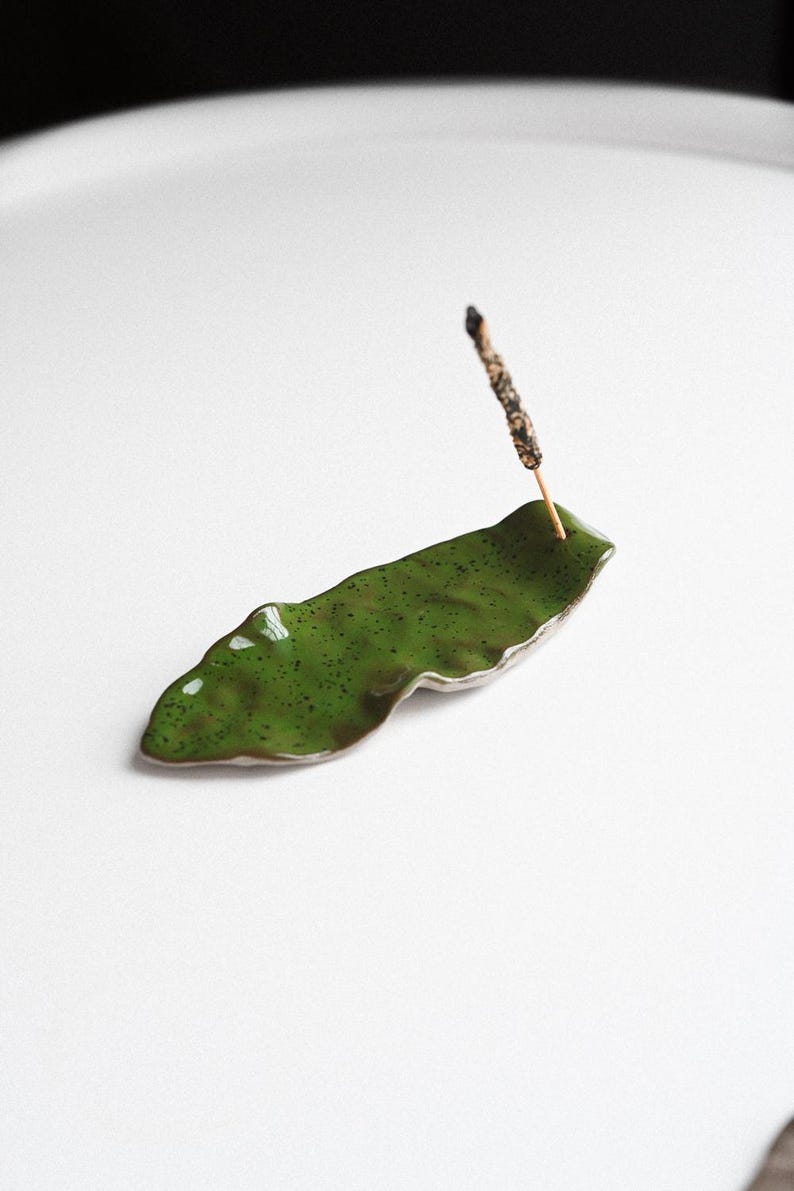 Leaf Ceramic Incense Holder. Handmade Cucumber Green