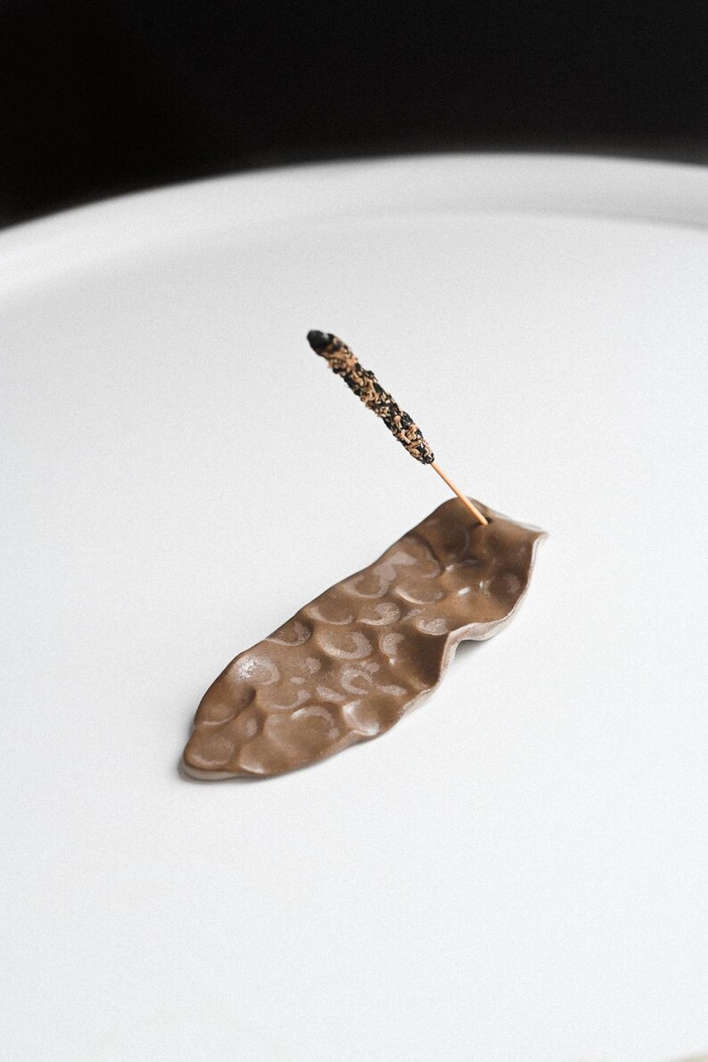 Leaf Ceramic Incense Holder. Handmade Cacao Brown