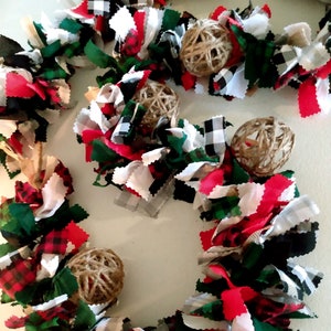 Buffalo Plaid Christmas Garland 6ft, Farmhouse Christmas Decor, Fabric Rag Garland, Rattan Ornaments, Jute Twine Ornaments