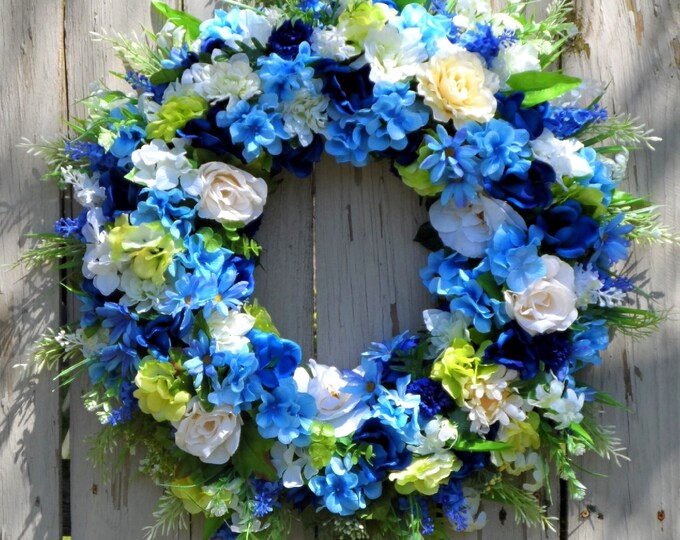 Blue Floral Wreath for Front Door, Farmhouse Floral Wreath, Everyday