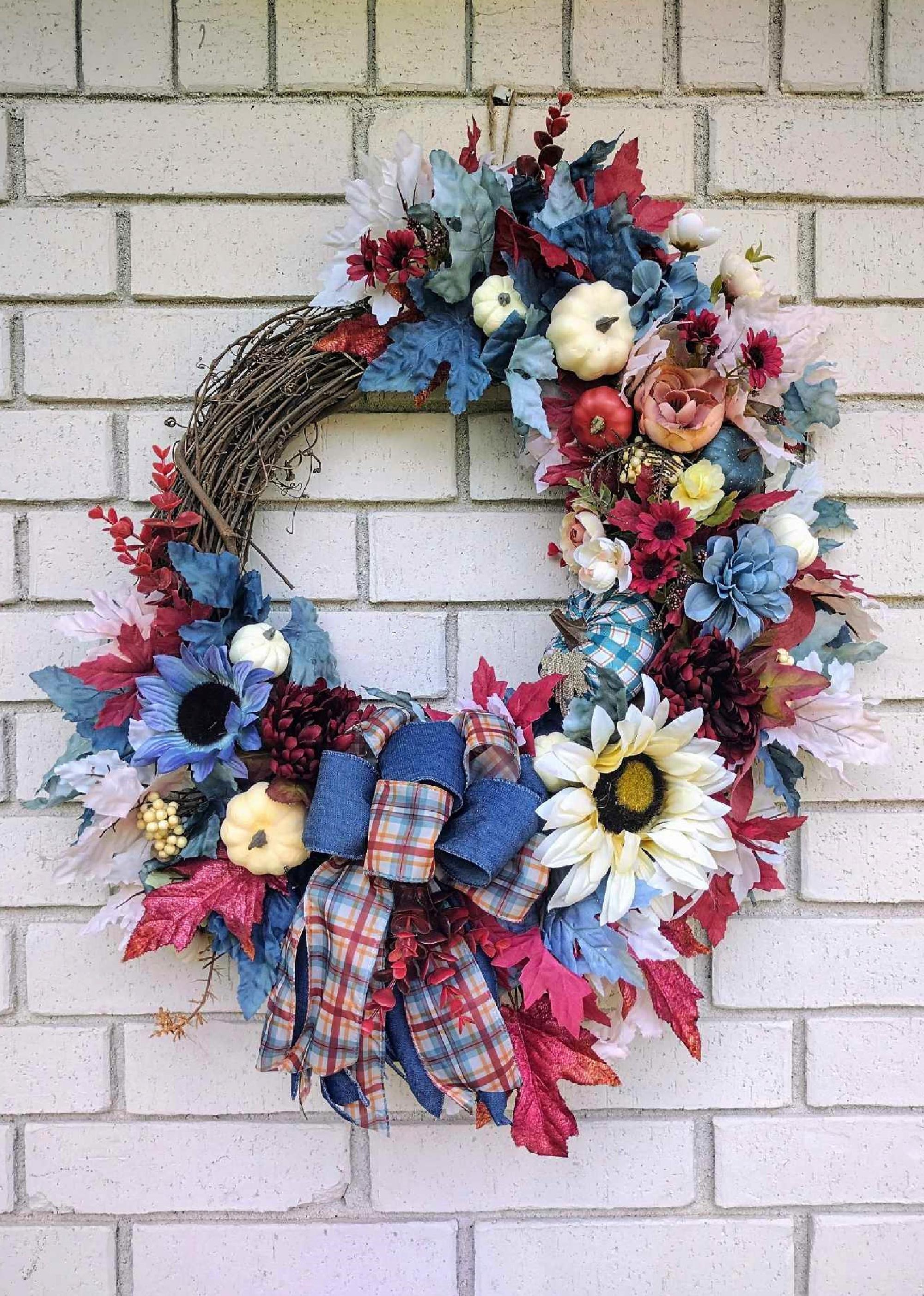 Handcrafted Autumn Harvest Wreath With Sunflowers, Pumpkins & Plaid Bow ...