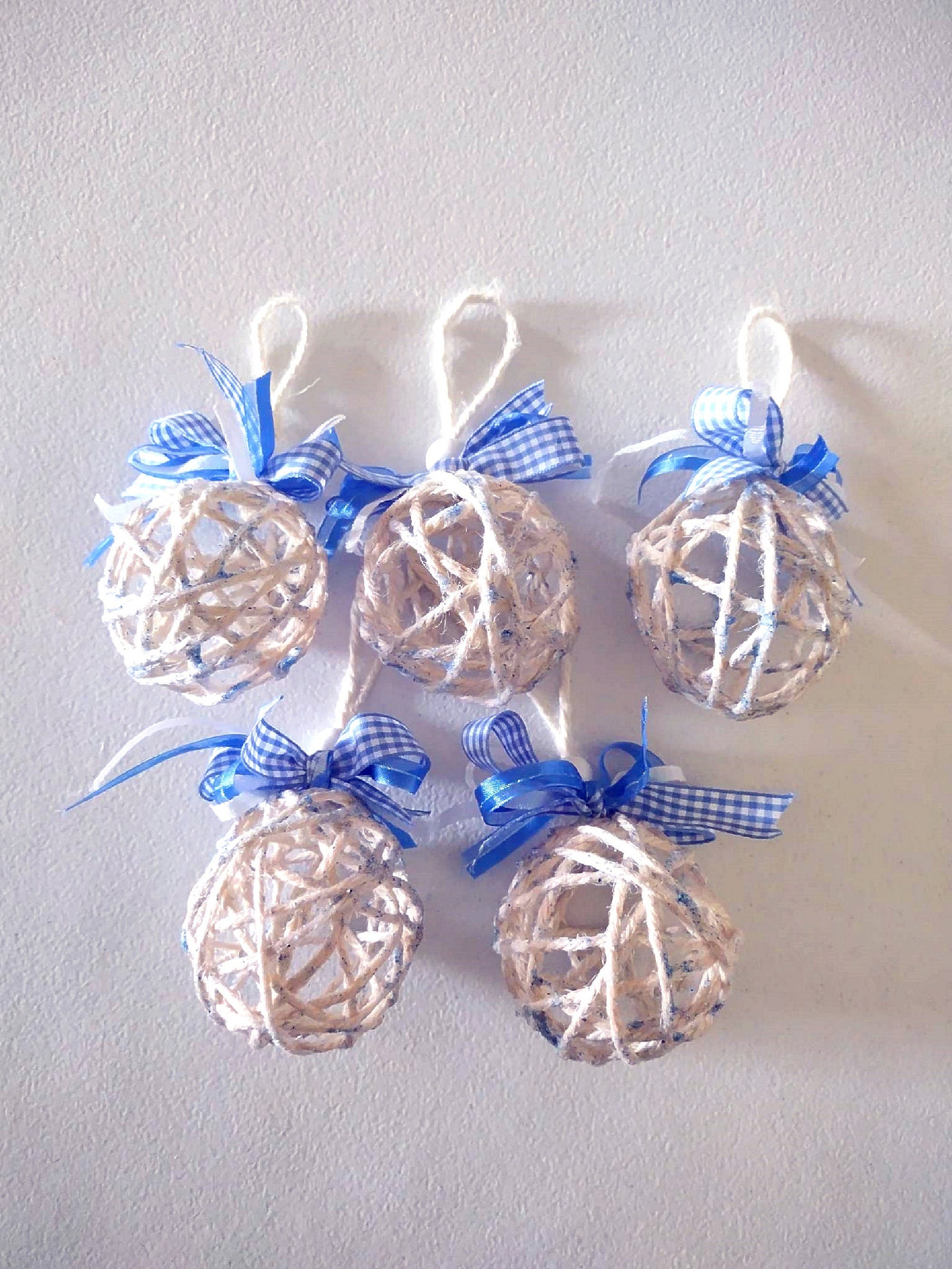 Blue and White Rattan Style Christmas Ornaments 5PK, Jute Twine