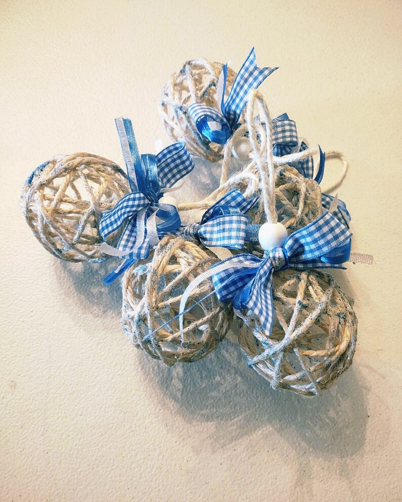Blue and White Rattan Style Christmas Ornaments 5PK, Jute Twine