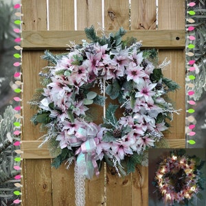 Pink & White Frosted Poinsettia Christmas Wreath, Large Christmas Wreath. Pink and White Christmas, Farmhouse Christmas Wreath, Poinsettias