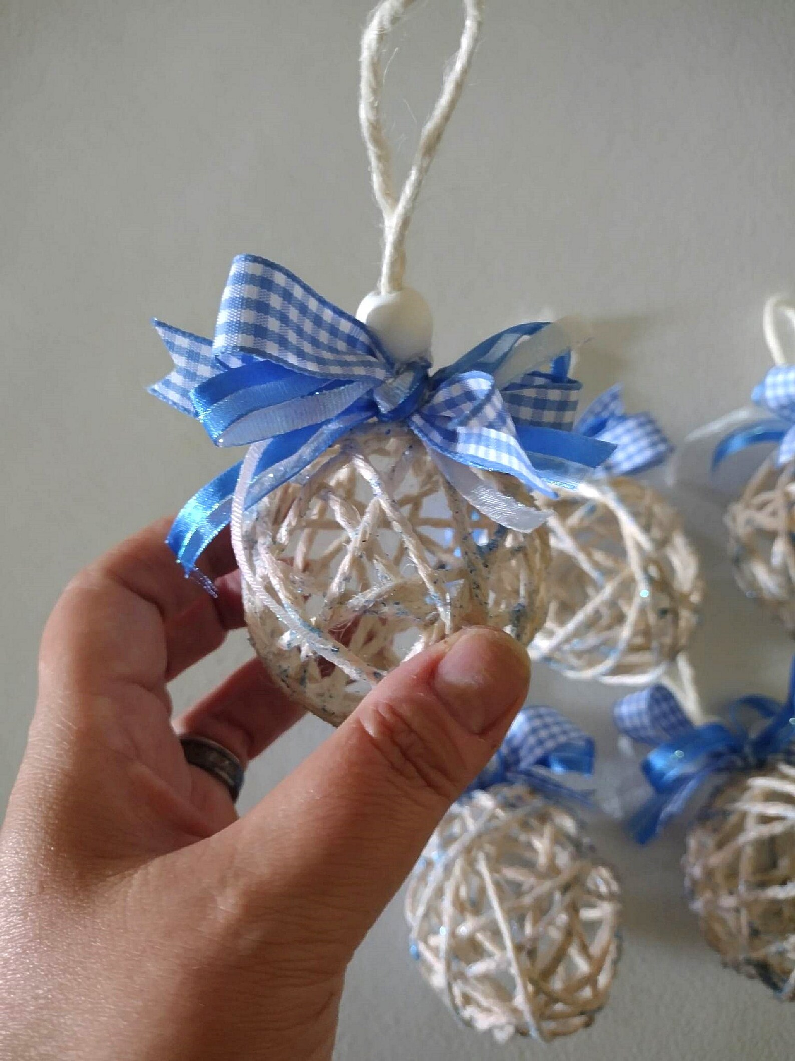 Blue and White Rattan Style Christmas Ornaments 5PK, Jute Twine