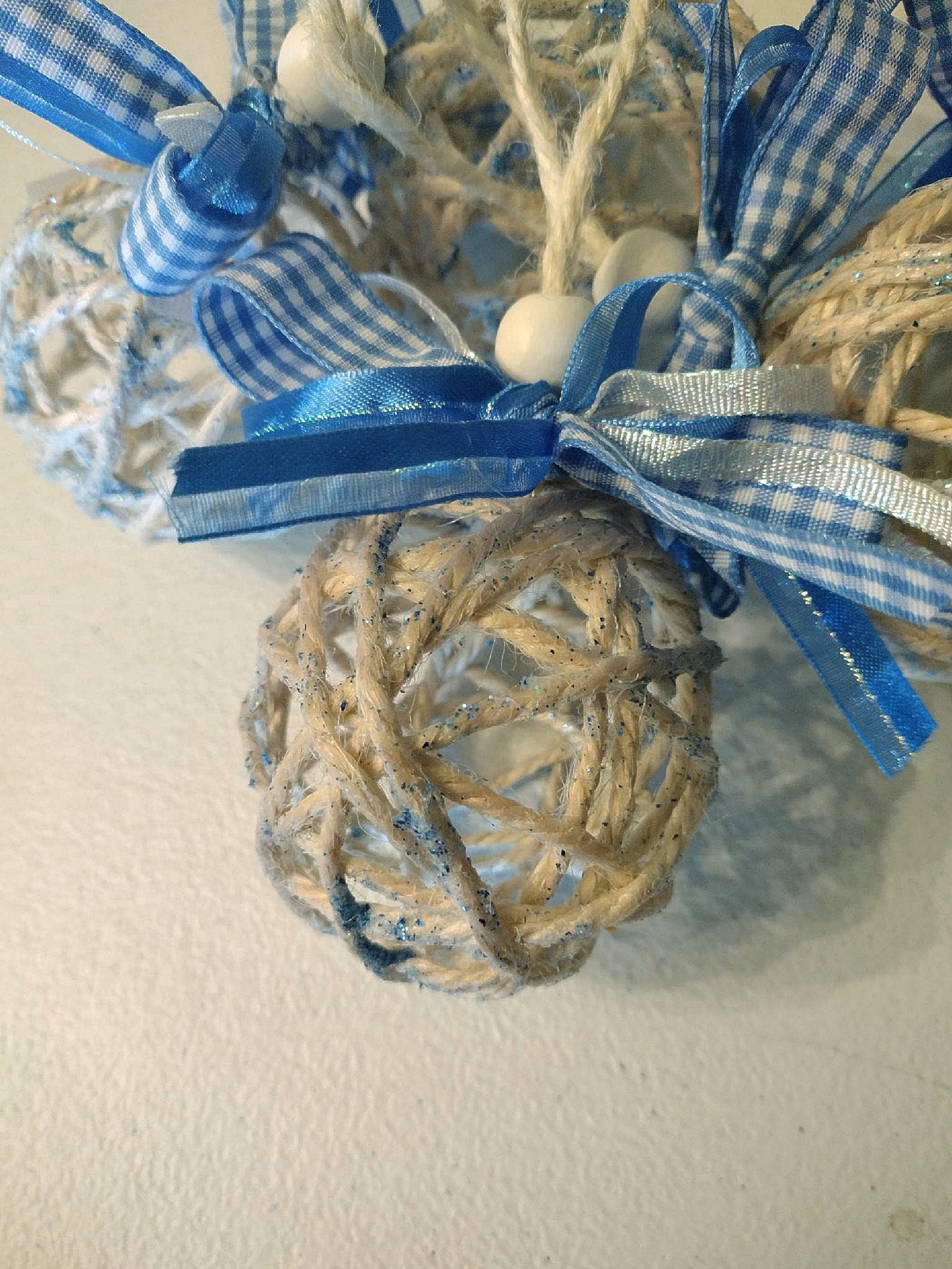 Blue and White Rattan Style Christmas Ornaments 5PK, Jute Twine