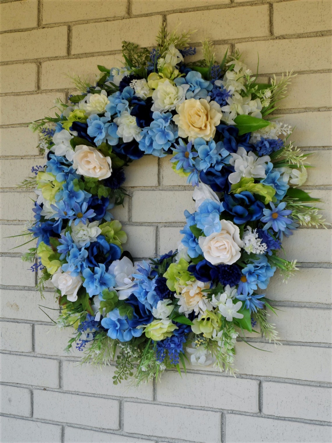 Large Floral Wreath for Front Door Blue and White Flowers Etsy