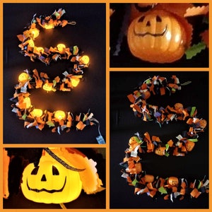 Halloween Garland with Lights, Halloween Decoration, Jack O Lantern Decoration, Fabric Rag Garland, Light-up Halloween Display