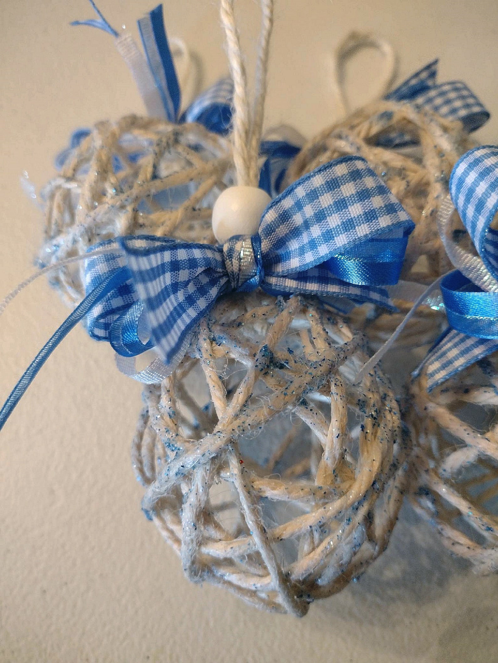 Blue and White Rattan Style Christmas Ornaments 5PK, Jute Twine