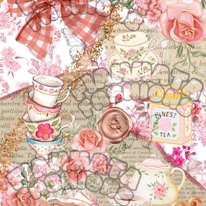 Peut inclure: Un collage numérique avec des roses roses, un nœud à carreaux rouge et blanc et des services à thé vintage. Le design comprend des tasses empilées, une théière, une boîte marquée FINEST TEA, un sceau de cire, des papillons et du texte.
