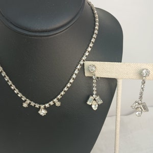Mid Century 1950s Rhinestone Necklace and Dangle Earrings — Vintage Rhinestone Wedding Jewelry, Bridesmaid Gift for Her
