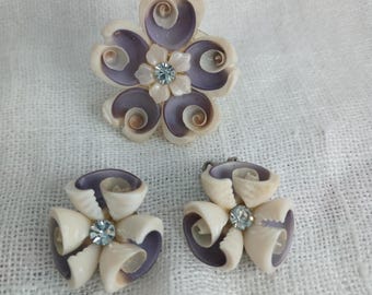 Vintage Mid Century Handmade Purple Shell and Rhinestone Brooch and Earrings Jewelry Set