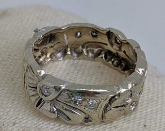 Vintage Art Deco 1930s-1940s 14k White Gold and Diamond Wide Band—Ring Size 7.5
