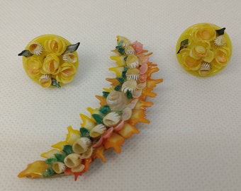 Vintage Yellow Shell Crescent Brooch and Earrings Set — Non Pierced Earrings, Summer Jewelry Set