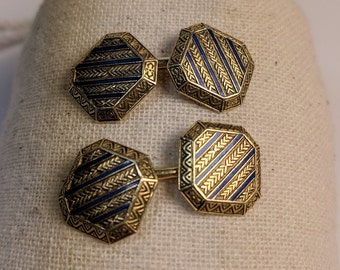 1920s Art Deco 14k yellow gold and blue enamel cufflinks