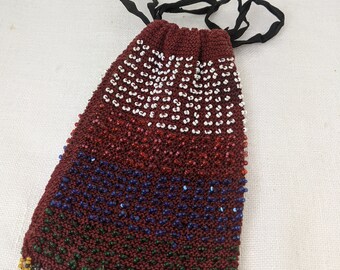 Vintage 1920s Flapper Knit Drawstring Beaded Purse