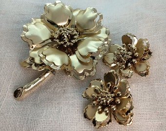 Vintage Mid Century, Gold Flower Statement Brooch and Earrings Demi Parure Set